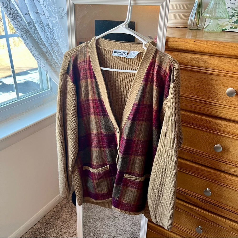 Vintage Russ Burgundy and Tan Plaid Cardigan